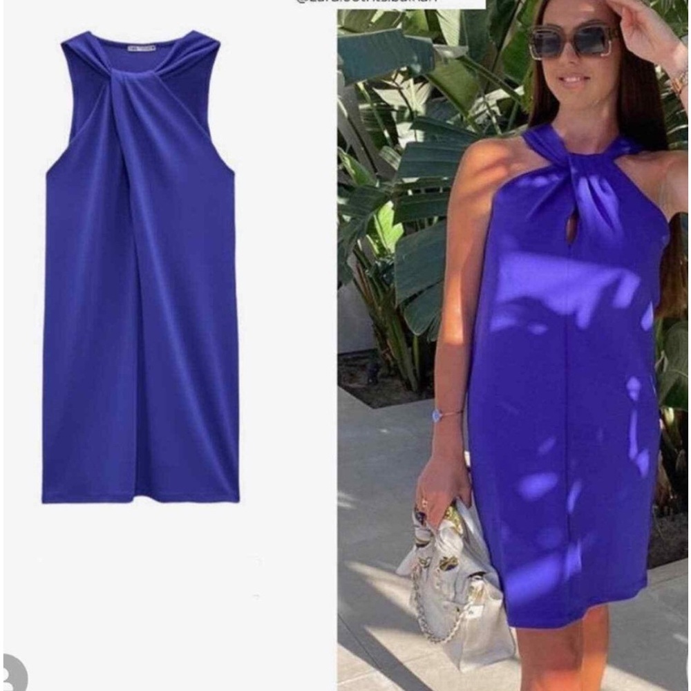 Zara blue front twist knot Halter Sheath Mini Dress Sz S